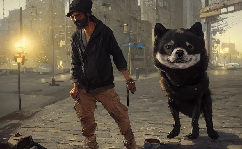 Image similar to highly detailed portrait of a black shiba as a homeless, in gta v, stephen bliss, unreal engine, fantasy art by greg rutkowski, loish, rhads, ferdinand knab, makoto shinkai and lois van baarle, ilya kuvshinov, rossdraws, tom bagshaw, global illumination, radiant light, detailed and intricate environment