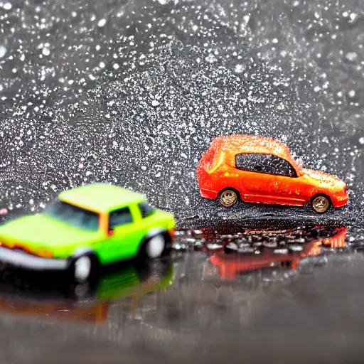 Image similar to macro photography of a hot wheels car driving through a puddle, 3 5 mm