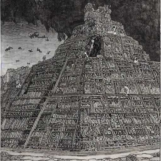 Prompt: detailed image of ancient myan mega structures made from bio cyborg matter by, clean ink detailed line drawing, intricate detail, extremely detailed. painting by Arthur Rackham, Eugene de Blaas, Frederic Leighton, Fantasy by Olga Fedorova