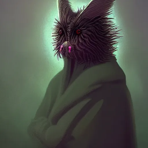 Image similar to portrait of a fluffy moth wanderer in a cloak in the style of Simon Stålenhag and H. R. Giger, detailed, trending on Artstation