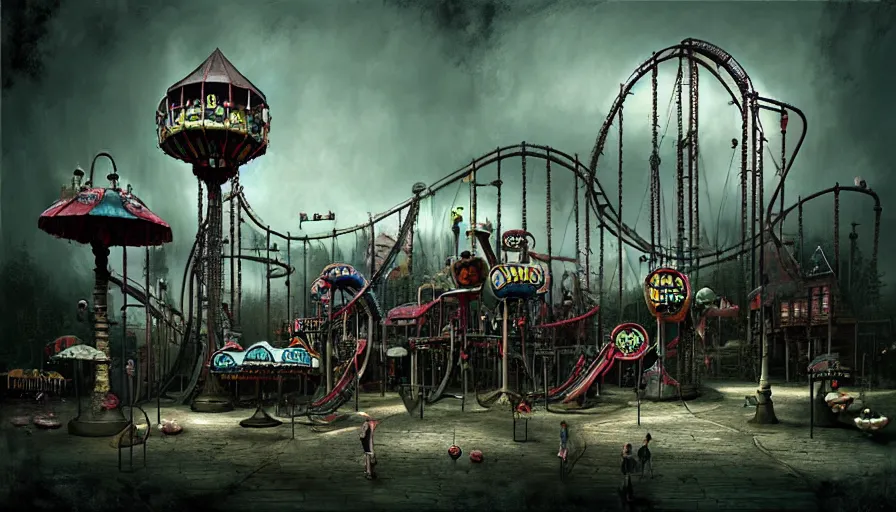 Image similar to michal karcz grunge painting of an amusement park, monster and horror theme. Monster-themed Frisbee ride, detailed, elegant, intricate, 4k,
