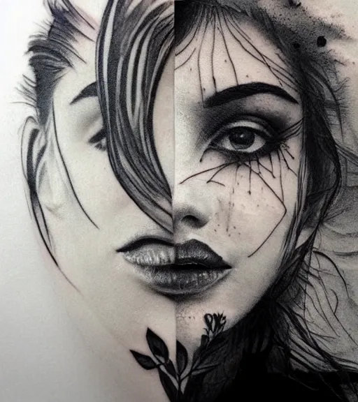 Prompt: tattoo design sketch of a beautiful woman face with a faded background of beautiful nature on her side, hyper - realistic, in the style of den yakovlev, amazing detail, black and white, faded, double exposure