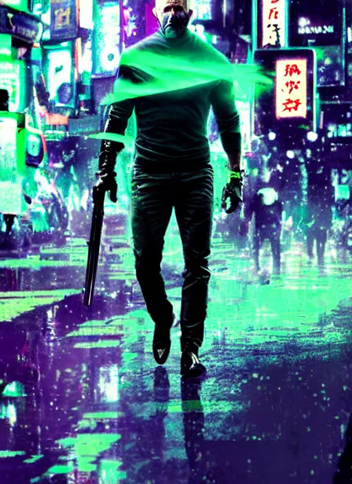 Image similar to jason statham as masked jaguar god walking in shinjuku, green and purple hour by ismail inceoglu