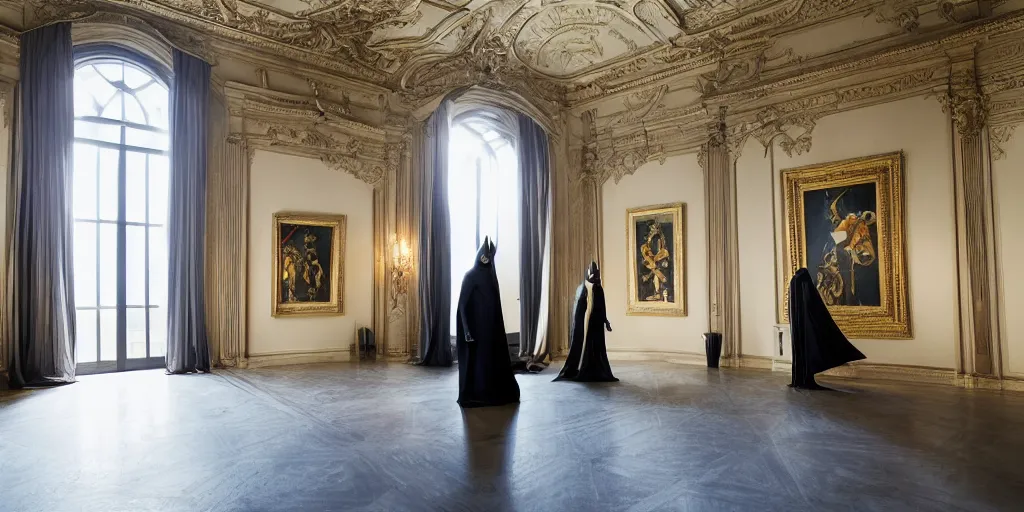 Image similar to Batman standing in giant Italian modern castle living room, clean minimalist design, that is 1300 feet tall, with very tall giant walls filled with modern art paintings, doors that are cosmic portals, photo by Annie Leibovitz