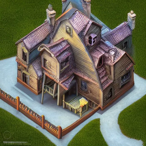 Prompt: isometric 3 d fantasy cute house, smoth 3 d illustration, cinematic matte painting, soft render, servando lupini, handpaint texture, blender, 3 dcoat