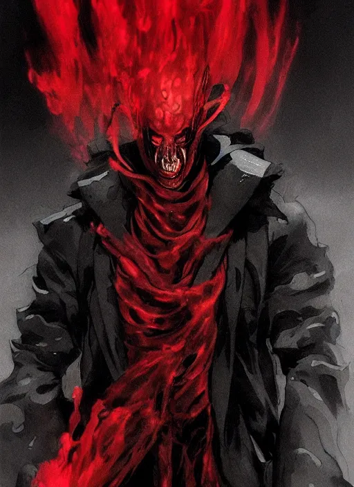 Image similar to half body portrait of an evil deity, a squid man in black mask and black rugged long trench coat made of smoke, red aura. in style of yoji shinkawa and hyung - tae kim, trending on artstation, dark fantasy, great composition, concept art, highly detailed, dynamic pose.