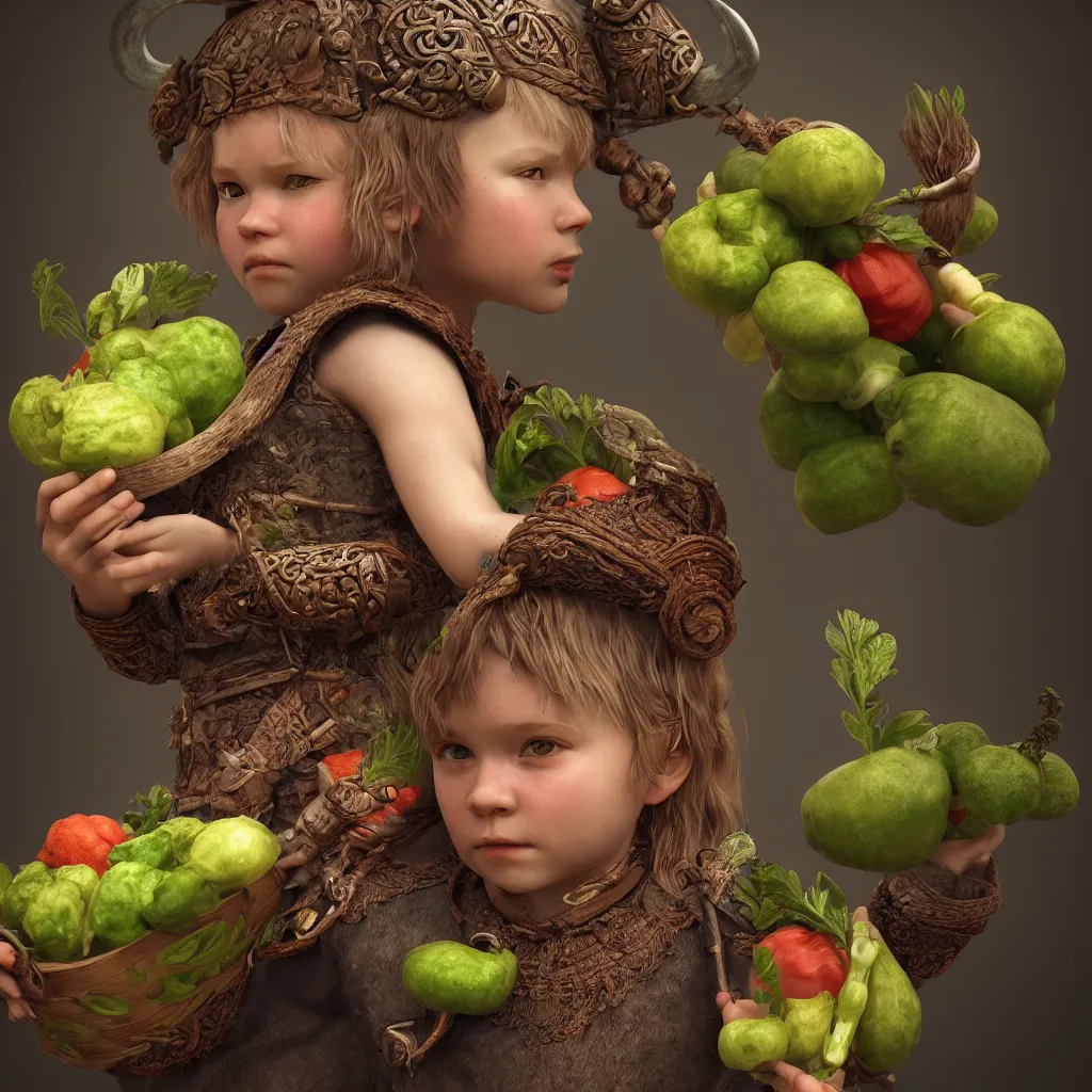 Prompt: profile picture of a Viking child holding vegetables, intricate, ornate, photorealistic, ultra detailed, octane render, high definition, depth of field, bokeh, 8k, artstation, cgsociety