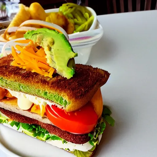 Image similar to sandwich with fried tofu, one tomato slice, mayonaisse, one onion ring, avocado, melted cheddar, over a dish that is over a table, with a sunset and rainbow in the background with saturn and stars in the sky