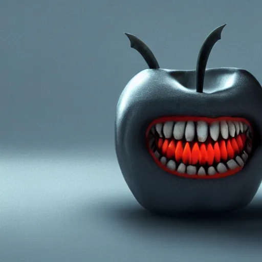 Image similar to An apple with monster teeth and horns, photorealistic, 4k, octane render, dark, scary, mist