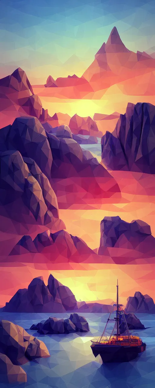 Prompt: super detailed color lowpoly art, northern sunset with rocks on front, monochrome photorealistic bay in the middle of perspective and mountains at background, big graphic ship in the middle of composition, unreal engine, high contrast color palette, 3 d render, lowpoly, colorful, digital art, perspective, full volume composition, robb cobb, robert mccall, syd mead