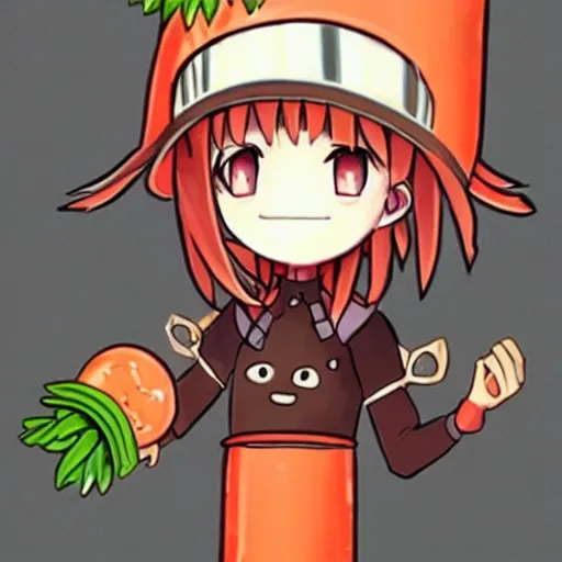 Image similar to cute android humanoid with big tomato hat and a carrot sword, made in abyss style