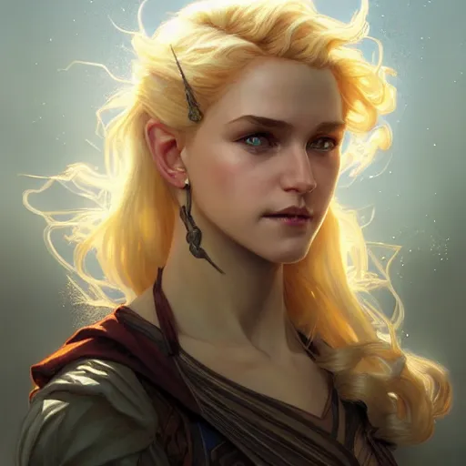 Image similar to an epic fantasy comic book style head portrait painting of a young blonde girl thief, d & d, fantasy, joyful smirk, intricate, elegant, digital painting, artstation, concept art, matte, sharp focus, illustration, art by artgerm and greg rutkowski and alphonse mucha