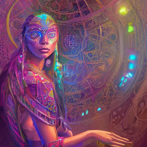 Image similar to portrait of a future metaverse Ayahuasca tech shaman warrior, 2D cartoon, visionary art, symmetric, Magick symbols, holy halo, shipibo patterns, sci-fi, concept art, trending on art station, 8k digital art, by Mandy Jurgens, fantasy portrait art, anime