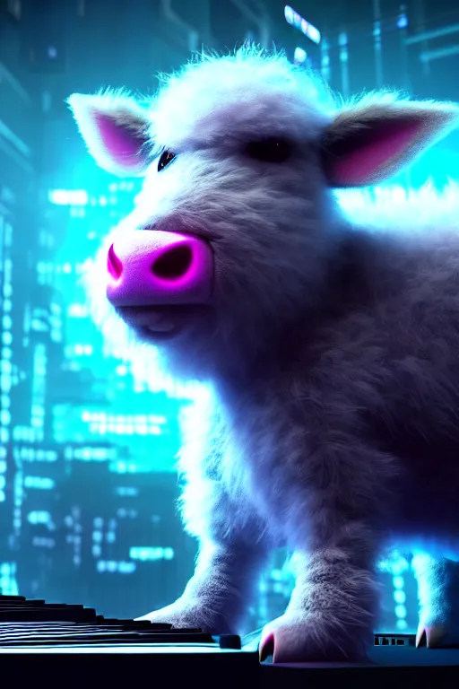 Image similar to high quality 3 d render very cute neuromancer fluffy! mutant cow hybrid! playing keyboard, highly detailed, unreal engine cinematic smooth, in the style of blade runner & detective pikachu, hannah yata charlie immer, moody blue light, low angle, uhd 8 k, sharp focus