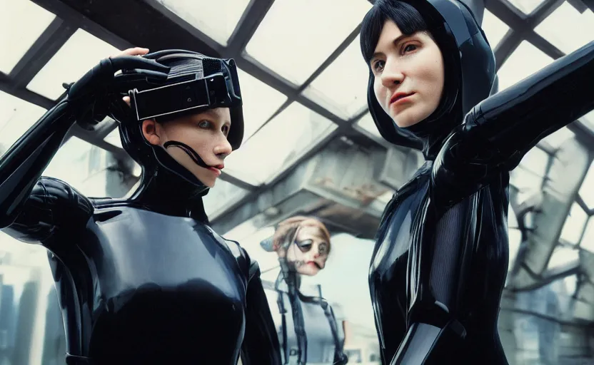 Image similar to cinestill 5 0 d photographic portrait by helen levitt of two loving female cyborgs wearing black techwear in a retrofuturist liminal office, extreme closeup, modern cyberpunk, garden terraces, 8 k, hd, high resolution, 3 5 mm, f / 3 2, ultra realistic faces, intricate detail, ex machina