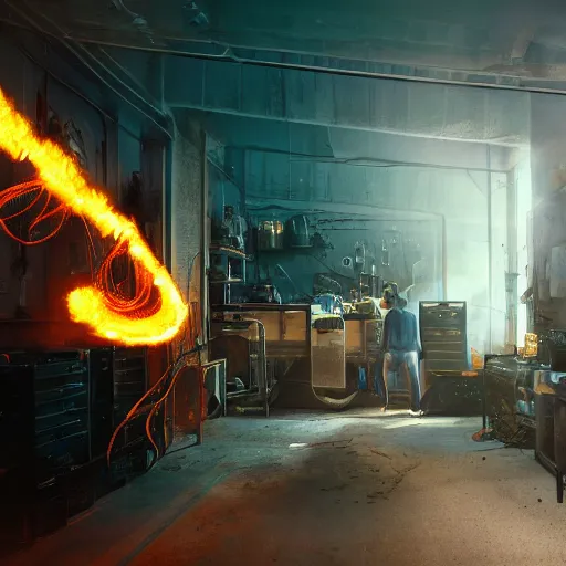 Image similar to overcharging toaster oven, tangles of metallic cables, dark messy smoke - filled cluttered workshop, dark, dramatic lighting, orange tint, sparks, plasma charges, cinematic, highly detailed, sci - fi, futuristic, movie still