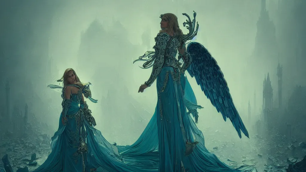 Image similar to angel, big wings, low key light, full plate armor with cloth, f 1 6, bokeh, close up portrait, gentle, female, ornate city ruins, landscape, d & d, fantasy, intricate, elegant, highly detailed, teal white gold color palette, roger deakins, sharp focus, concept art, greg rutkowski and alphonse mucha