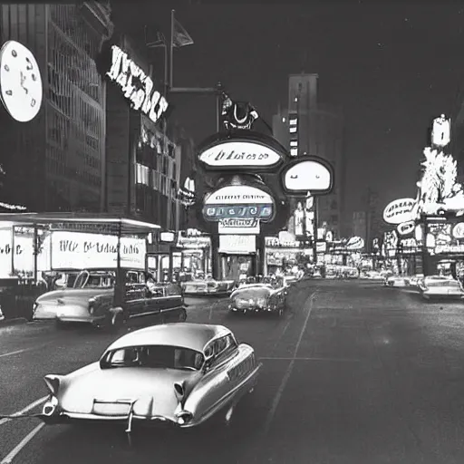 Image similar to a vintage 1950s photograph of a typical american city, futuristic neon lights, flying cars
