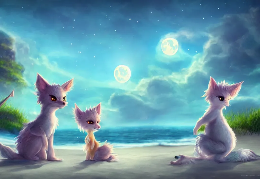 Prompt: cute magical fantasy animals at a beach looking at the moon, ultra realistic, concept art, highly detailed