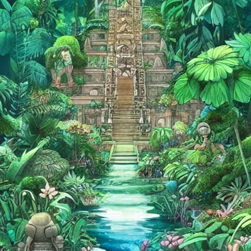 Prompt: a lost city in the jungle, super ornate and intricate, tiny details, cute, fairy style, studio ghibli, miyazaki,