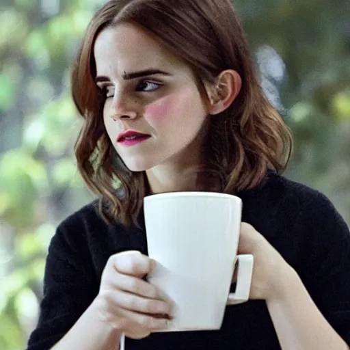 Image similar to emma watson drinking a saucer of warm milk, in the style of a bob ross painting