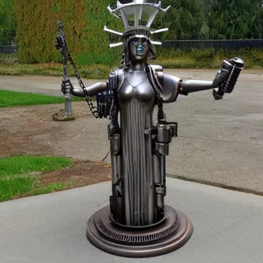 Prompt: a mechanical steampunk statue of liberty that is able to walk around