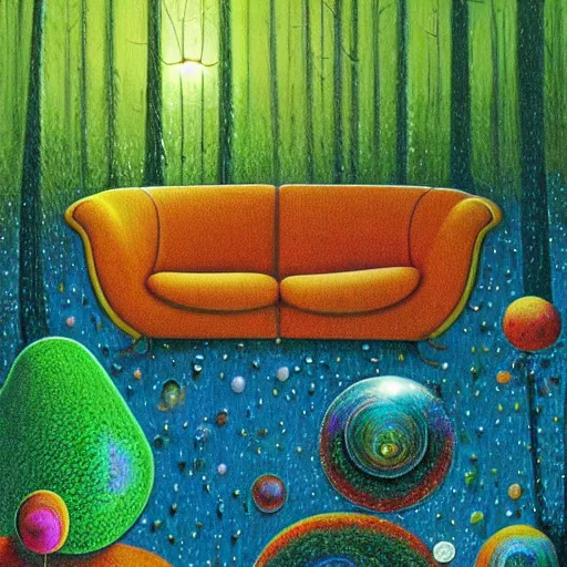 Image similar to psychedelic couch sofa in the pine forest, goose, milky way, designed by moebius, rob gonsalves, gustav dore, giuseppe arcimboldo and carl barks, louis wain, trending on artstation, canada, star, sharp focus, colorful refracted sparkles and lines, soft light, 8 k 4 k