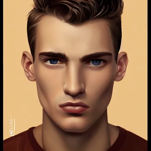 Image similar to man in his twenties with brown blond short quiff hair and thin slightly round facial structure with cleft chin, straight eyebrows and prominent nose, good definition of cheekbones, big hazel nut brown eyes, narrow face, slim body, atmospheric lighting, painted, intricate, 4k, highly detailed by Charlie Bowater