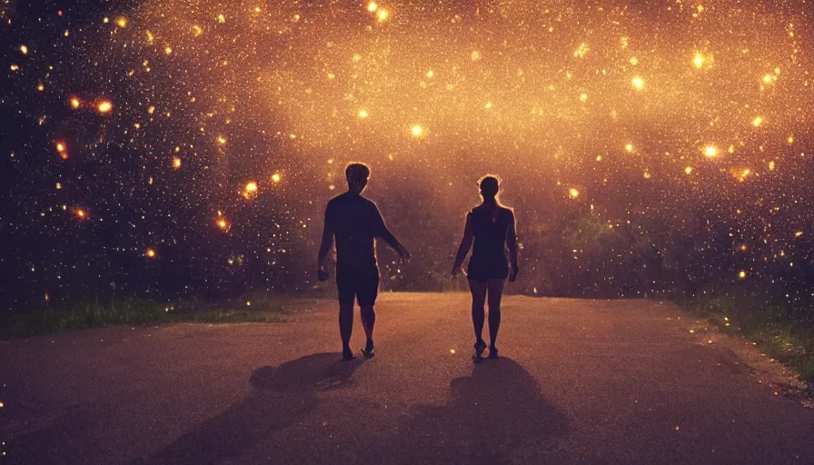 Image similar to couple walking down the street surrounded by fireflies, cinematic lighting, wow, establishing shot