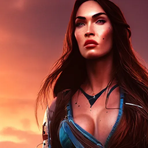 Prompt: megan fox portrait, horizon forbidden west, horizon zero dawn, photorealistic, ultra detailed, machines, octane, robots, nature background, cinematic lighting, studio quality, feature, scars, 8 k