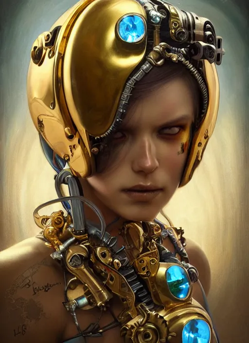 Prompt: hyper realistic girl cyborg with gold skull head hornment, magical, gems, jewels, gold, steampunk, cyberpunk utopia, painted by tom bagshaw, mucha, gaston bussiere, craig mullins, j. c. leyendecker 8 k