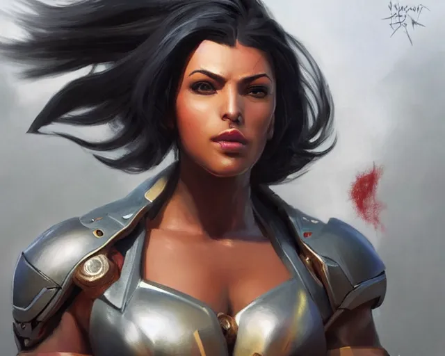 Image similar to portrait of pharah from overwatch as a beautiful female bodybuilder amazon with plump lips, elegant, fantasy, hd shot, digital portrait, beautiful, artstation, comic style, by artgerm, guy denning, jakub rozalski, magali villeneuve and charlie bowater