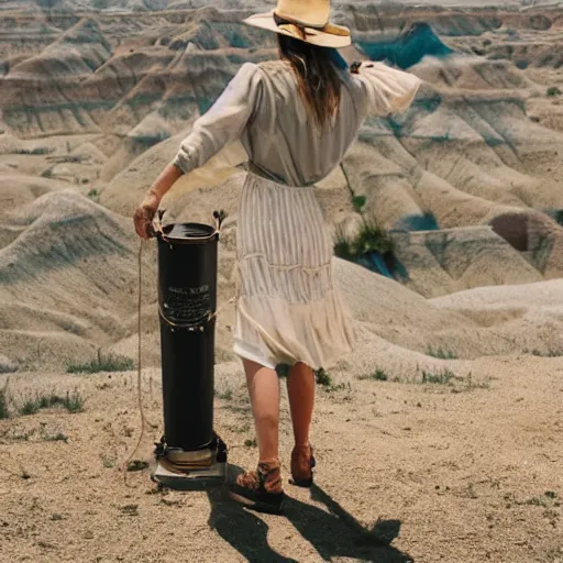 Prompt: A trend in the direction of where the sun sets is spurring creatives around the globe to tip their 10-gallon hats, saddle up, and mosey on out to the Badlands.
