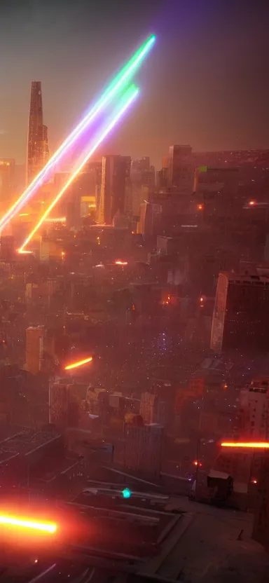 Image similar to unreal engine 5 render of a city with lasers coming out of the clouds, digital art ”