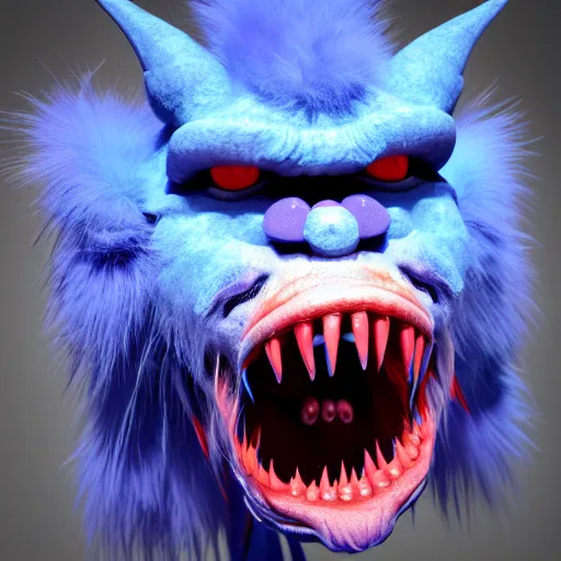 Image similar to blue creature with fur, a trianguar head, huge bright red lips, long sharp teeth, beady black eyes, spindly limbs, photorealistic, 3 d model, unreal engine, 4 k, artstation, trending