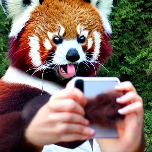 Prompt: demi god red panda taking a selfie with deanas