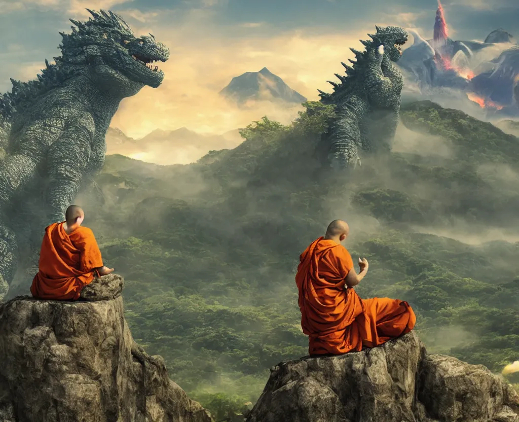 Image similar to a monk is meditating calmly on a beautiful mountain, in the foreground there is godzilla attacking a small village