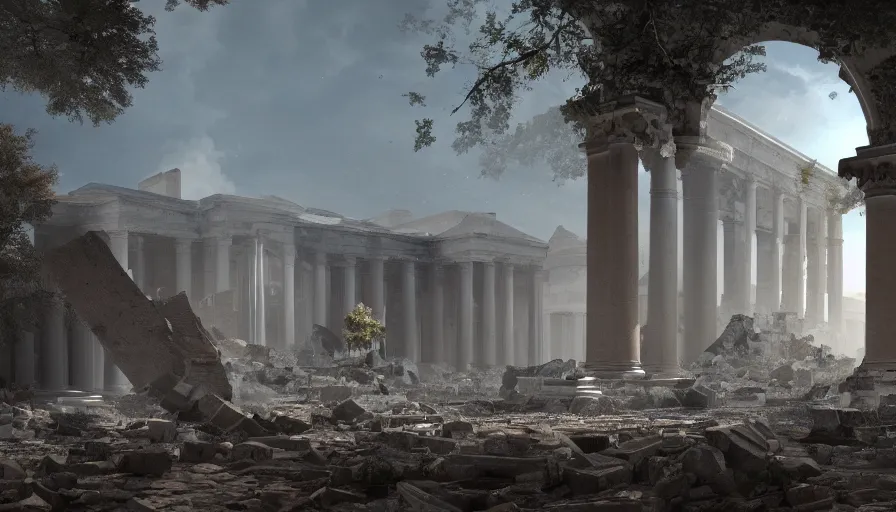 Image similar to ruins of the fully destroyed washington dc's capitol, volumetric light, hyperdetailed, artstation, cgsociety, 8 k