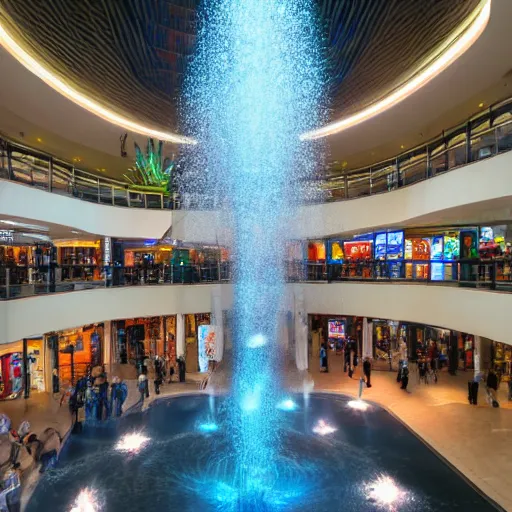 Prompt: A vast shopping mall interior with an enormous water feature, water fountain, water falls, photo taken at night, neon pillars, large crowd