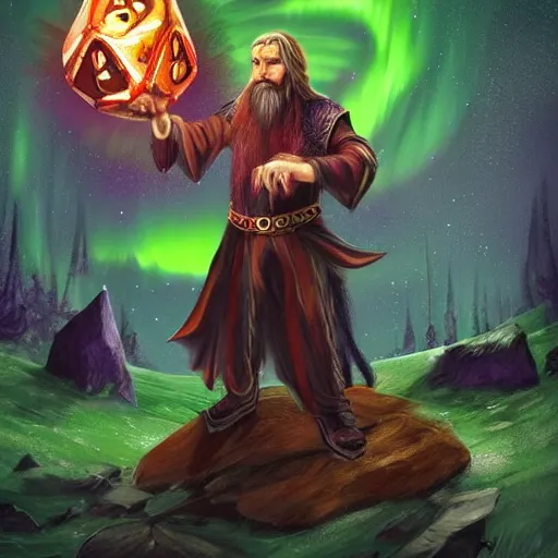 Image similar to dungeons and dragons, realistic,full body long hair goatee warlock with pet imp, magic aura, northern lights