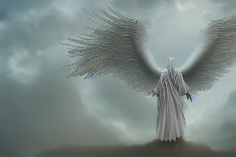 Prompt: a white angel with feathered wings open, digital art in the style of Zdzislaw Beksinski , 4k