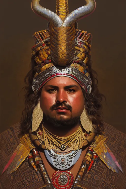 Prompt: full figure portrait of a beautiful aztec fat male warrior, snake helm, squared beard, rich cerimonial mantle, d & d character, sit on a decorated aztech stone throne, by greg rutkowski and alphonse mucha, hyperealistic, evocative light, highly detailed portrait, digital painting, concept art, smooth, sharp focus illustration, artstation hq