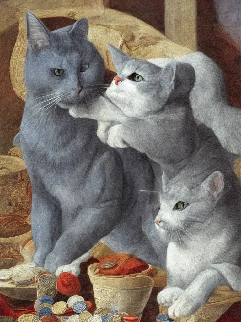 Prompt: A Russian blue cat wears a yarmulke and collects coins and cotton buds in the style of a renaissance painting