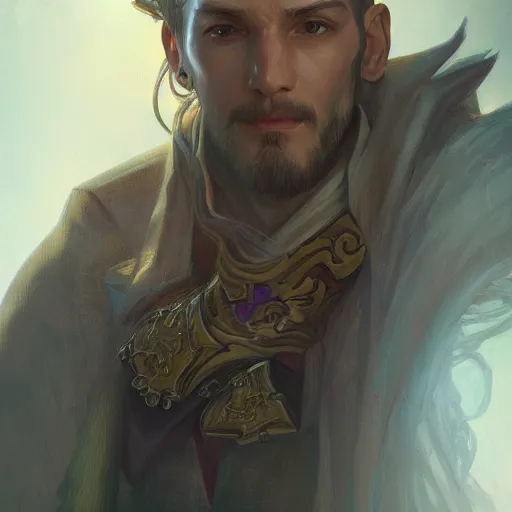 Image similar to portrait of a male necromancer, D&D, fantasy, highly detailed, digital painting, artstation, smooth, sharp focus, illustration, art by artgerm and greg rutkowski and alphonse mucha