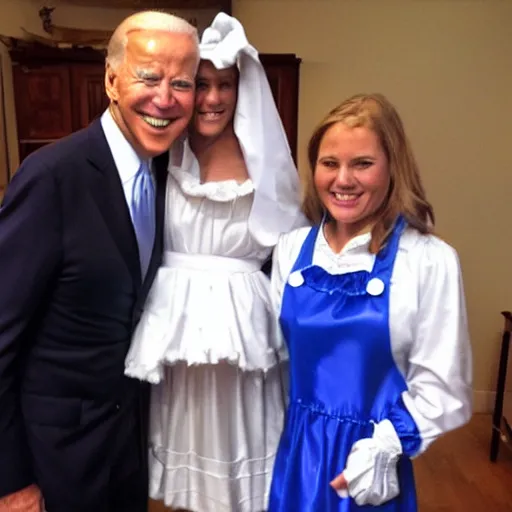 Image similar to joe biden smiling while wearing a maid costume