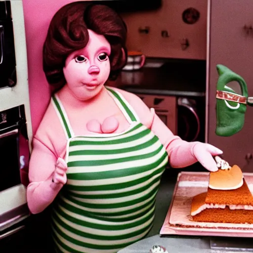 Prompt: 1976 two curvy women in a vintage kitchen baking a cake wearing an inflatable long prosthetic snout nose made of gooey green slime, soft color wearing stripes sitting on chairs covered in soft fabric, pink slime everywhere, grey striped walls, studio lighting 1976 color film archival footage holding a hand puppet that looks like Porky Pig, 16mm Russ Meyer John Waters Almodovar Doris Wishman