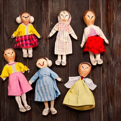 Image similar to 1 9 5 0 s children wooden puppet dolls comming to life, scary, fear, horror, thriller, cinematic still, jumping towards viewer, jump scare, pov, wide shot, polaroid,