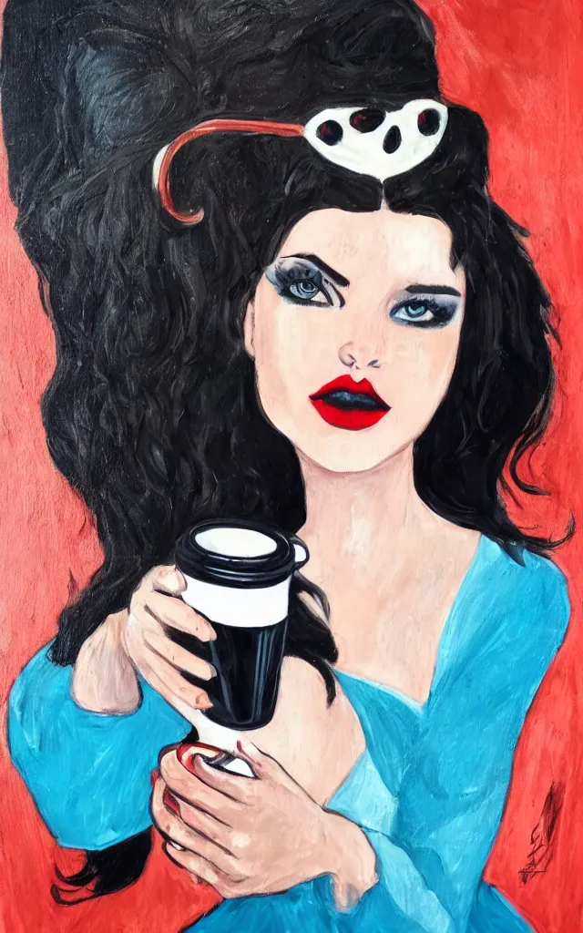 Image similar to painting of the dark - souled but beautiful princess of coffee, dark hair, blue eyes, black dress, teenager, dark eye shadow, red lips, holding a large cup of coffee.