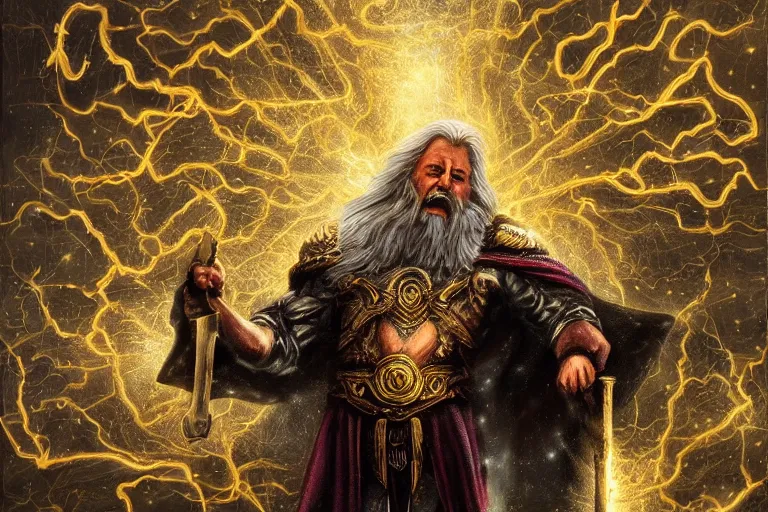 Prompt: odin all father supreme God of thunder and smithing and artificial intelligence creating an artificial neural network with gold synapses on an anvil with his mighty hammer, high resolution, award winning art, trending on art station, sharp image, incredibly detailed, detailed character, realistic painting, hyperrealistic painting