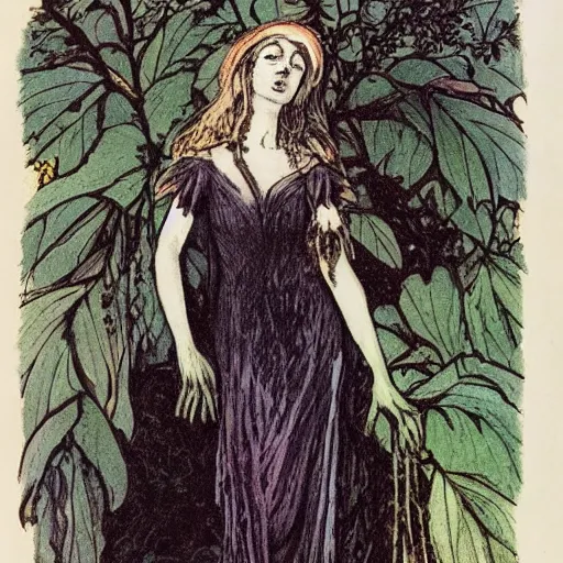 Image similar to dark gothic fairy wearing a gown posing with castor bean plant by Cicely Mary Barker